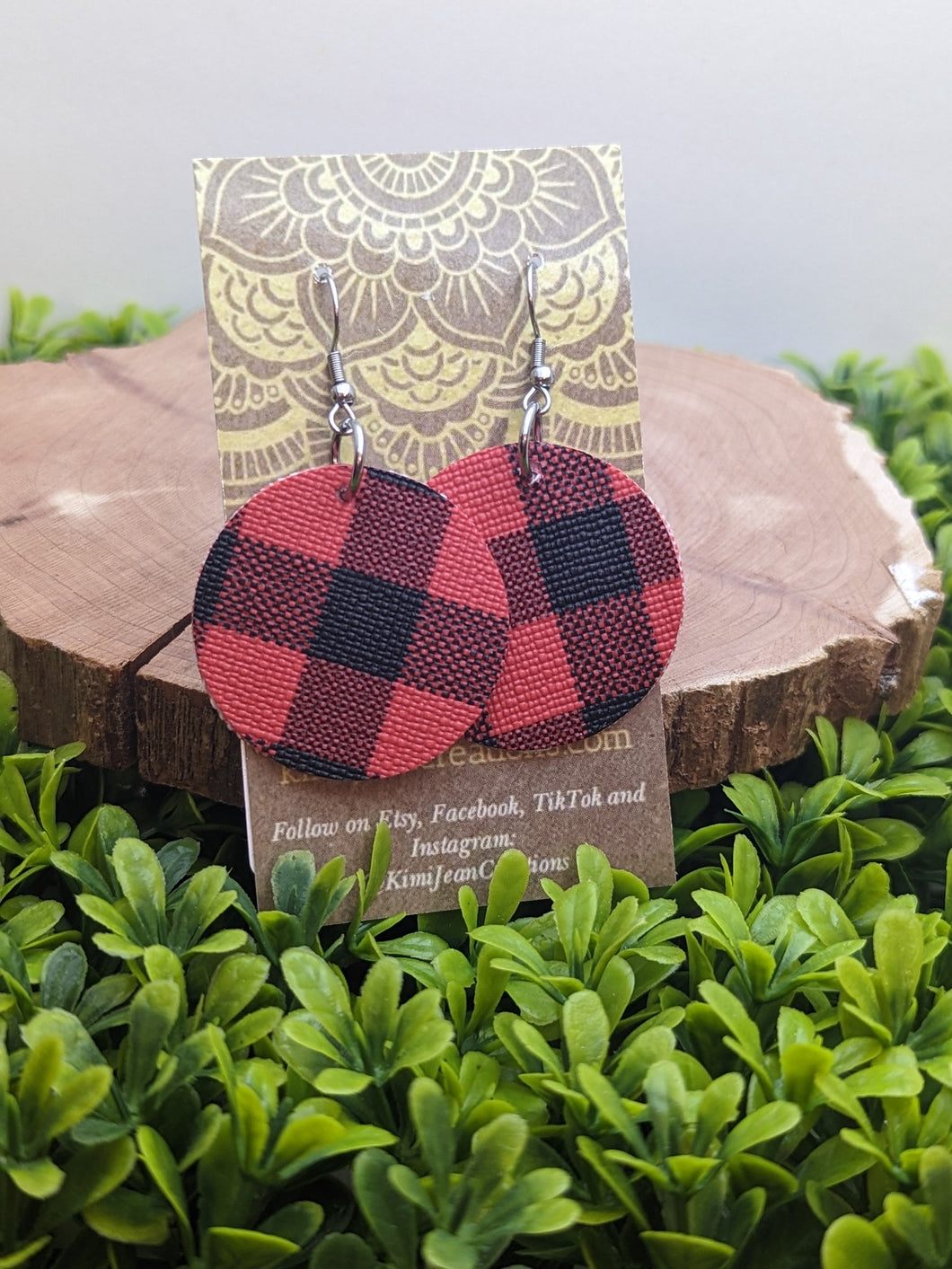 Red & Black Plaid Faux Leather Earrings