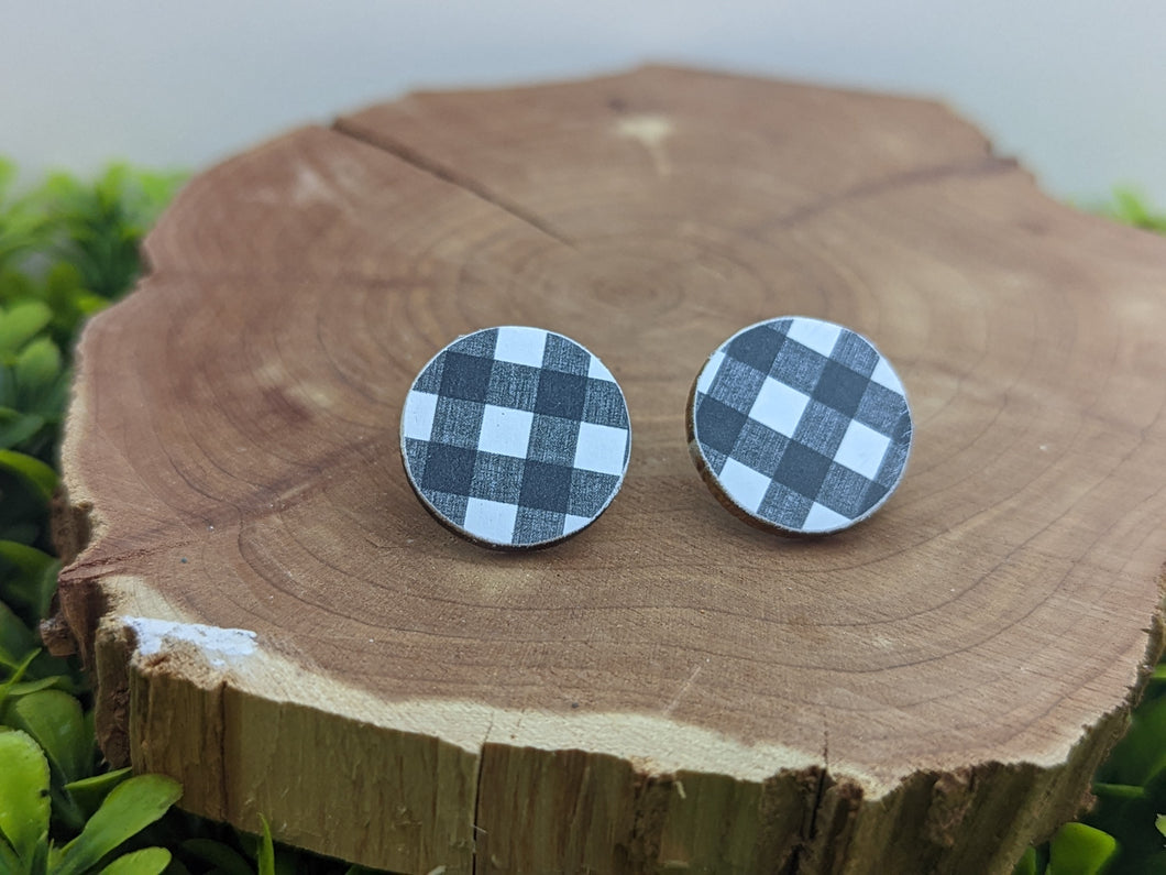 White & Black Buffalo Plaid Wood Stud