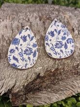 Load image into Gallery viewer, Blue and White Floral Wood Tear Drop Earrings
