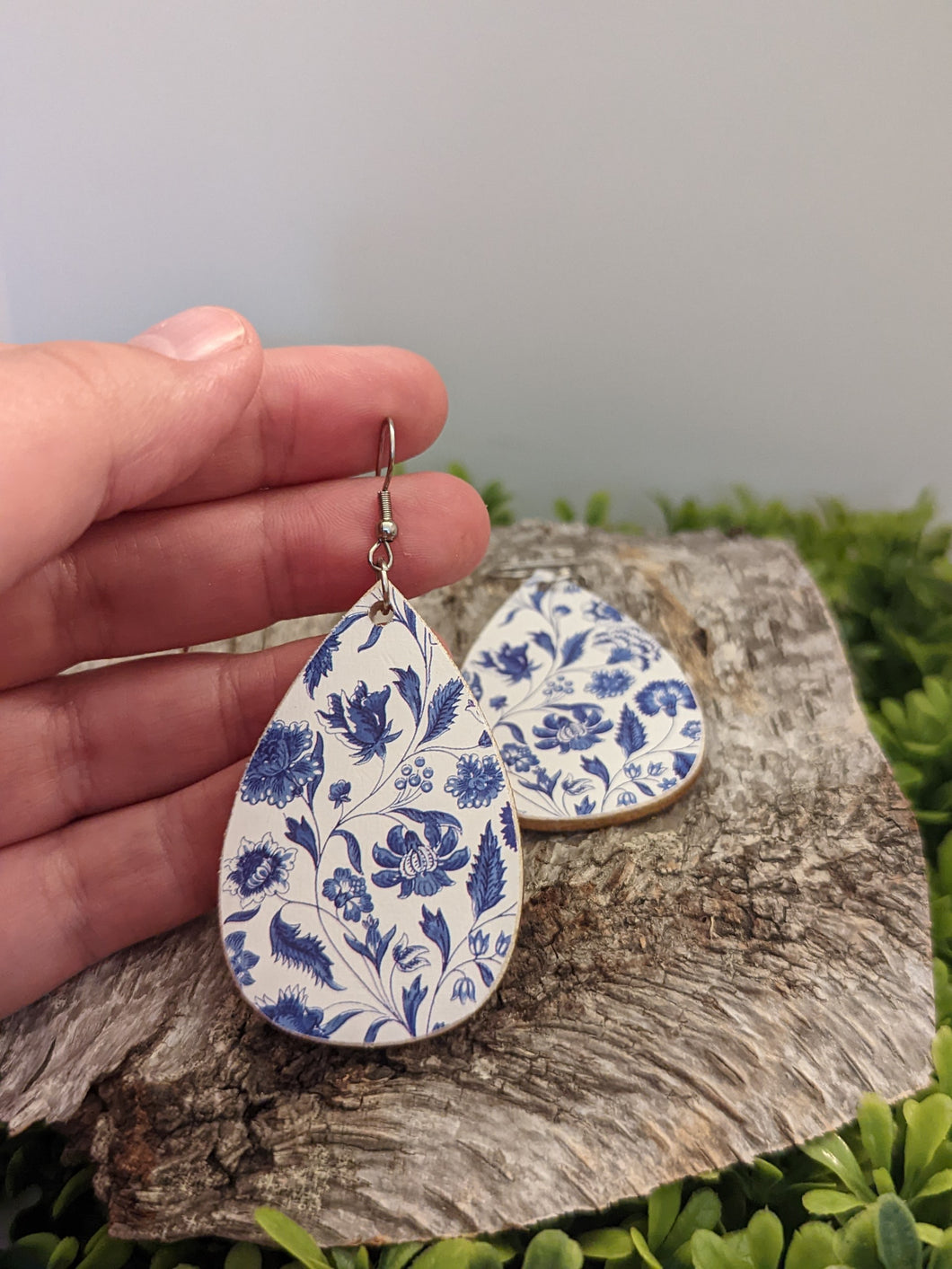 Blue and White Floral Wood Tear Drop Earrings