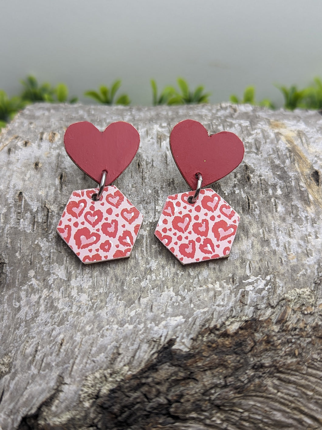 Heart Print Wood Dangle Earrings