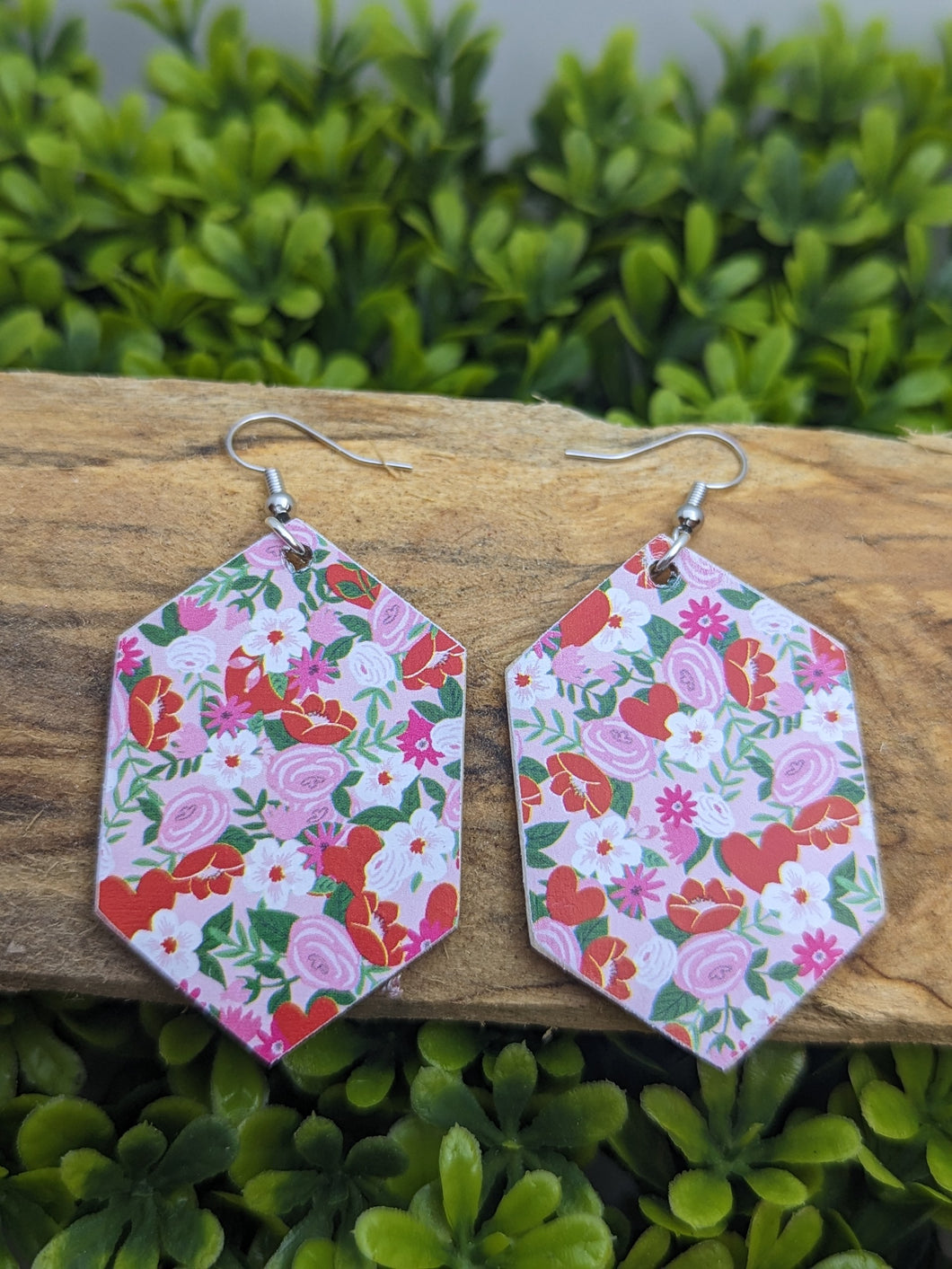 Valentine's Day Floral Print Wood Earrings