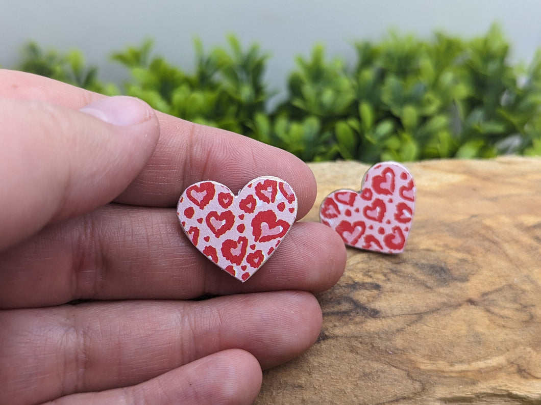 Heart printed Wood Stud Earrings