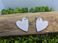 Load image into Gallery viewer, Pink &amp; White Lace Patterned Wood Heart Dangle Earrings
