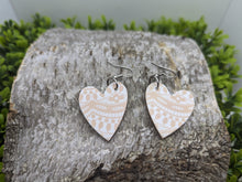 Load image into Gallery viewer, Pink &amp; White Lace Patterned Wood Heart Dangle Earrings
