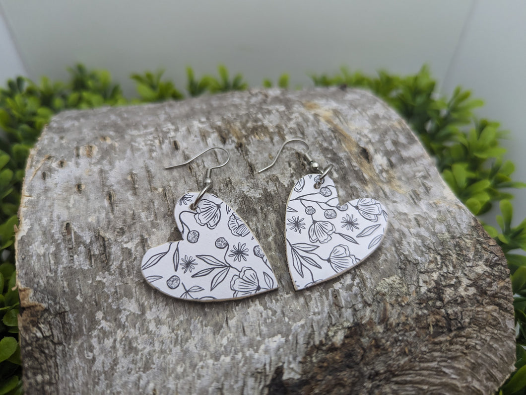Black & White Wood Heart Dangle Earrings
